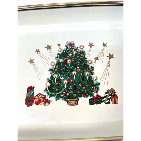 Vintage Christmas Tree Serving Tray Lacquerware Set Of 3 Trays With Gold Rim & H - Picture 6 of 7